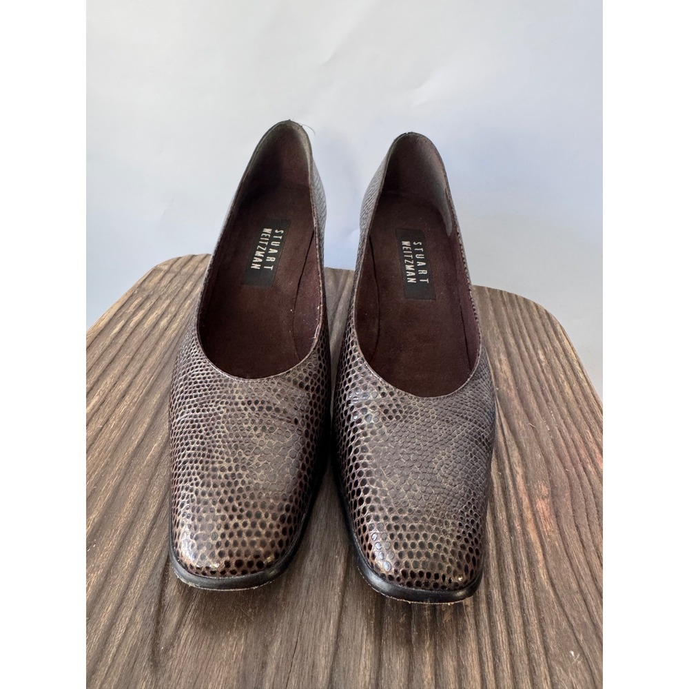 Stuart Weitzman Brown Snakeskin Embossed Leather Square Toe Block Heel Pumps 9.5